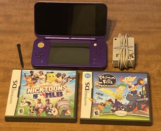 Nintendo 2ds Xl Console Purple/silver Rare With Charger 2 Games Stylus