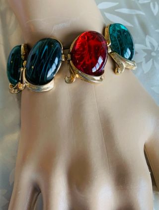 Rare Signed Trifari Regal Bracelet With Ruby Emerald & Sapphire Gripoix Glass Ca 3