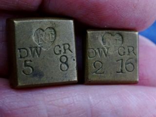 Rare Matching Antique C1775 Brass Coin Weights For 1 & 1/2 Guineas Marked " Rt "