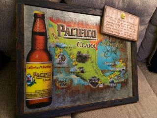 Pacifico Beer Clara Bar Mirror Map Of Mexico Game Room Man Cave Rare 28”x 22”