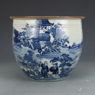 Rare Chinese Antique Qing Blue White Porcelain Figure Pot