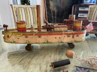 20 " W.  S.  Reed Wooden Battleship Boat " Rover " Pull Toy Very Rare - Late 1890 