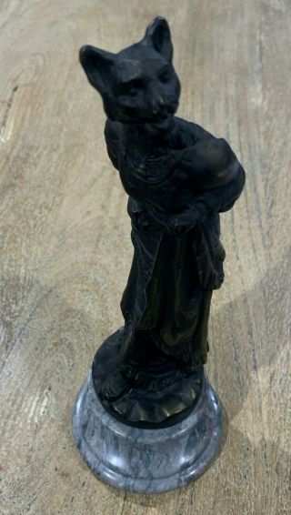 Heavy Rare Antique Dressed Cat Bronze Statue W/ Marble Base 2