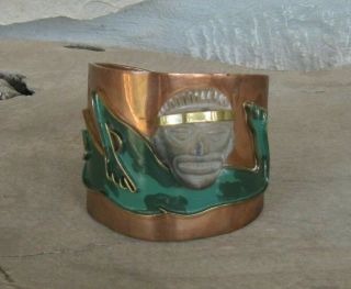Rare Casa Maya Mexico Cuff Bracelet Reclining Man Copper Pottery Enamel Signed