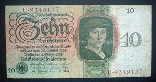 Germany 10 Reichsmark 1924 F (very Rare Banknote).