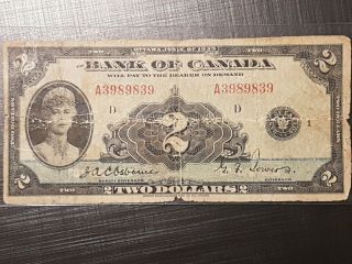 ➡➡1935 Bank Of Canada $2 Note Rare Series Bc - 3 S/n A3989839 Well Circulated