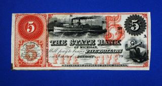 1859 - 60 S $5 Obsolete State Bank Of Michigan Detroit Banknote Uncirculated Rare