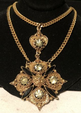 Rare Vintage 24 " X3 " Signed Florenza Gilt Gray Black Glass Rhinestone Necklace
