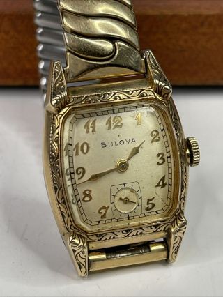 Vintage Bulova 10k Gold Filled Gf Mens Wrist Watch Classy Gents Rare Ornate 25mm
