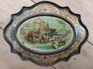 Rare Antique Vintage Huntley & Palmers Biscuit Tin Scenic Graphics Sheep Horses