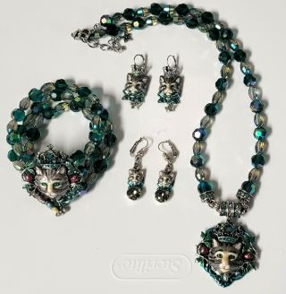 Very Rare Kirks Folly Gray Tom Cat Green Magnetic Necklace Bracelet Earrings Set