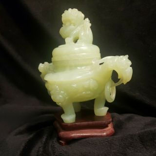 Antique Chinese Carved Jade Censer Foo Dogs Dragon Rings Incense Burner Rare