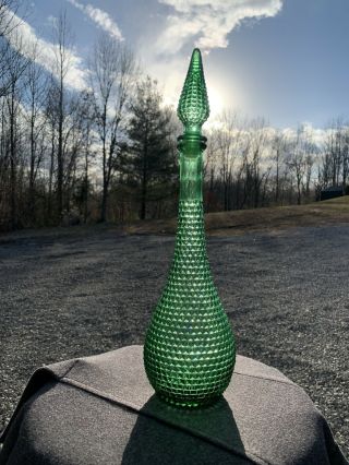 Rare Vintage Mid Century Green Empoli Italian Glass Genie Bottle Decanter