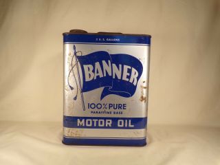 Banner Motor Oil Can Vintage 2 Gallon Rare Gas Oil Mancave Garage Decor