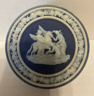 Rare Vintage Wedgwood Cobalt Blue And White Round Box With Lid 2 3/4” Diameter