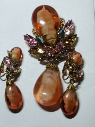Rare Vtg Signed Regency Peach & Purple Art Glass Dangle Drop Brooch & Earrings