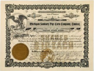 1903 Michigan Sanitary Pop Corn Company Stock Rare