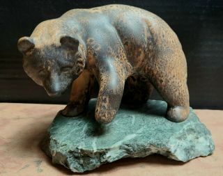 Rare Maigon Daga Grizzly Bear Animal Sculpture On Green Slate Stone Base