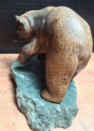 RARE MAIGON DAGA Grizzly Bear Animal Sculpture on Green Slate Stone Base 3