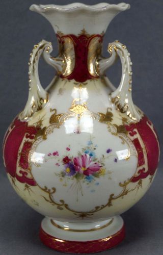 Rare Npsk Pre Nippon Hand Painted Maroon Gold & Floral Vase Circa 1880 - 1890