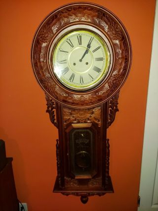 Vintage Rare 53 " X Large Daisy Floral Carved Wood Wind Up Regulator Wall Clock R