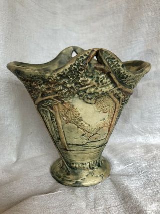 Antique Weller Art Pottery Forest Footed Vase - Rare Shape - 6 1/4 "