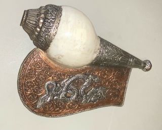 Antique Handmade Tibetan Buddhist Silver Copper Dragon Conch Shell 9 " Rare