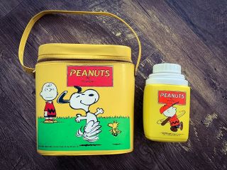 Rare Vintage 1965 Snoopy Vinyl Lunch Box Bag With Thermos Peanuts
