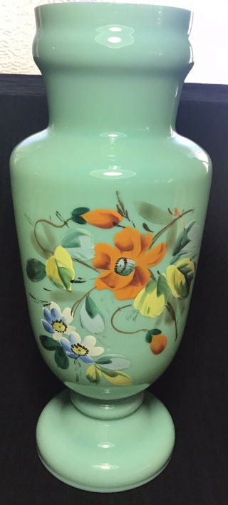 Antique Victorian Blue Glass Tall Vase Hand Painted Enamel Floral Design Rare