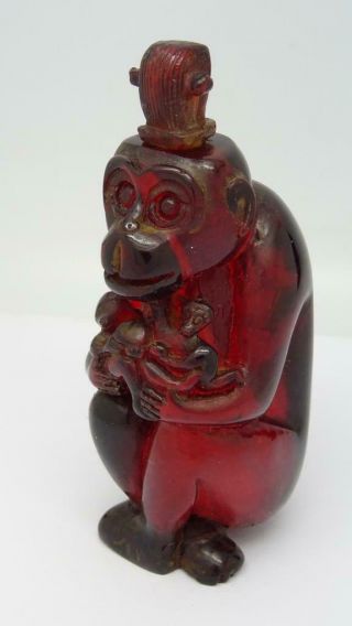 Antique 8cm Chinese Cherry Amber Bakelite Chimpanzee Perfume Scent Bottle,  Rare