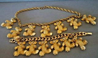 Vintage Rare Gold Tone Chain Necklace Bracelet With Bear Charms