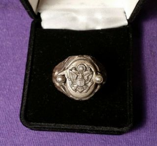 Rare Vintage Sterling Silver Military Ring W/ Swivel Eagle Crest Face Us Army