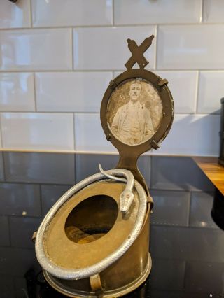 Rare WWI World War I trench art brass mortar shell watch stand,  silver snake 3