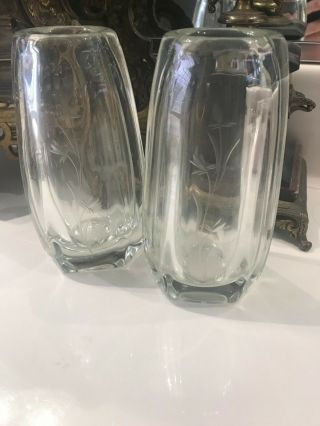 Rare Art Deco Signed Moser Etched Glass Vases