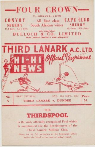 Rare Scottish Football Programme Third Lanark V Dundee 1963