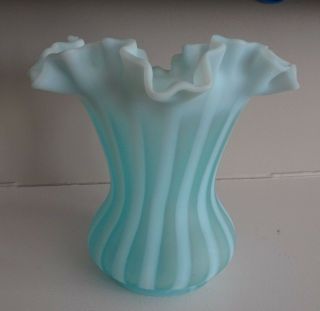 Rare Fenton Art Glass Rib Optic Blue Opalescent Satin Vase Striped 1952 - 54