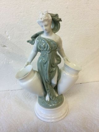 Rare Antique Art Nouveau Porcelain Statue Figurine Robed Lady Holding 2 Urns