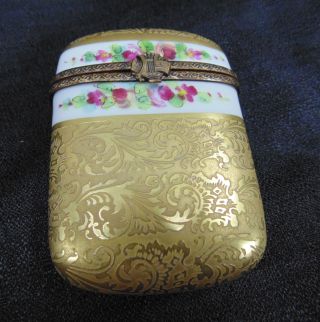 Vintage Rare Limoges Peint Main France Gold Encrusted Trinket Box Oblong Flat