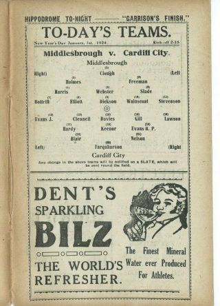 Pre Ww2 Rare Programme Middlesbrough V Cardiff City 1/1/24 1923/24