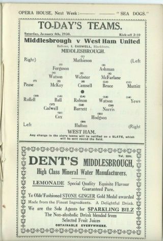 Pre - Ww2 Rare Middlesbrough V West Ham United 4/1/30 1929/30