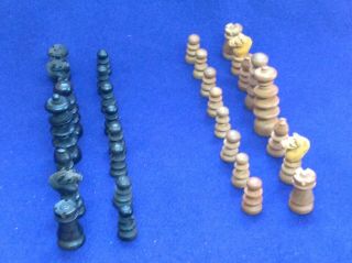 Rare Antique Carved And Turned Miniature Wooden Chess Set