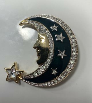 Vintage Butler & Wilson Crescent Moon And Stars Enamel Gold Htf Brooch Pin Rare