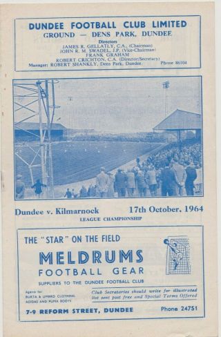 Rare Scottish Football Programme Dundee V " Champions " Kilmarnock 1964