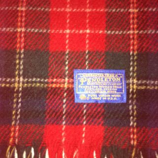 Vintage Pendleton Plaid Wool Blanket W/ Fringe Red & Blue " Rarely "