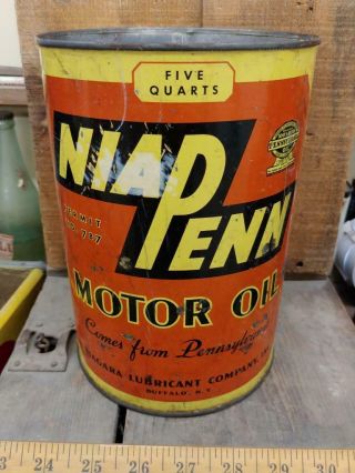Rare Niad Penn Motor Oil Mt 5 Quart Tin Litho Can - Buffalo York -