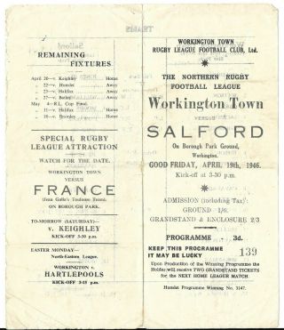 Workington V Salford Rugby League 1946 Rare 1st Season