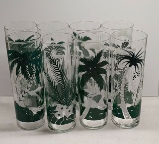 Rare Vintage Libbey Tropical 7” Palm Trees High Ball Drinking Glasses Set Of 8