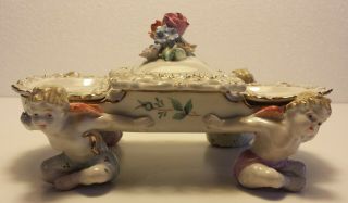 Rare Vintage Porcelain Cherub And Roses Jewelry Trinket Box