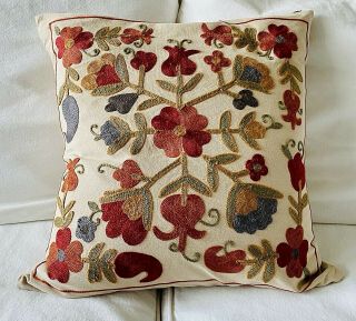 Rare Pottery Barn Fall Floral Embroidered Pillow Cover 20 X 20 Euc