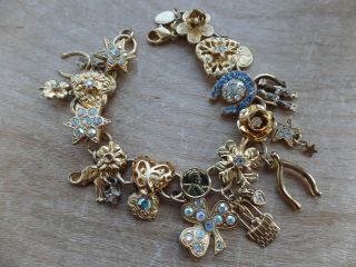 Vtg Kirks Folly Rhinestone Lucky Charm Bracelet - Gold Tone Blue Horseshoe Rare